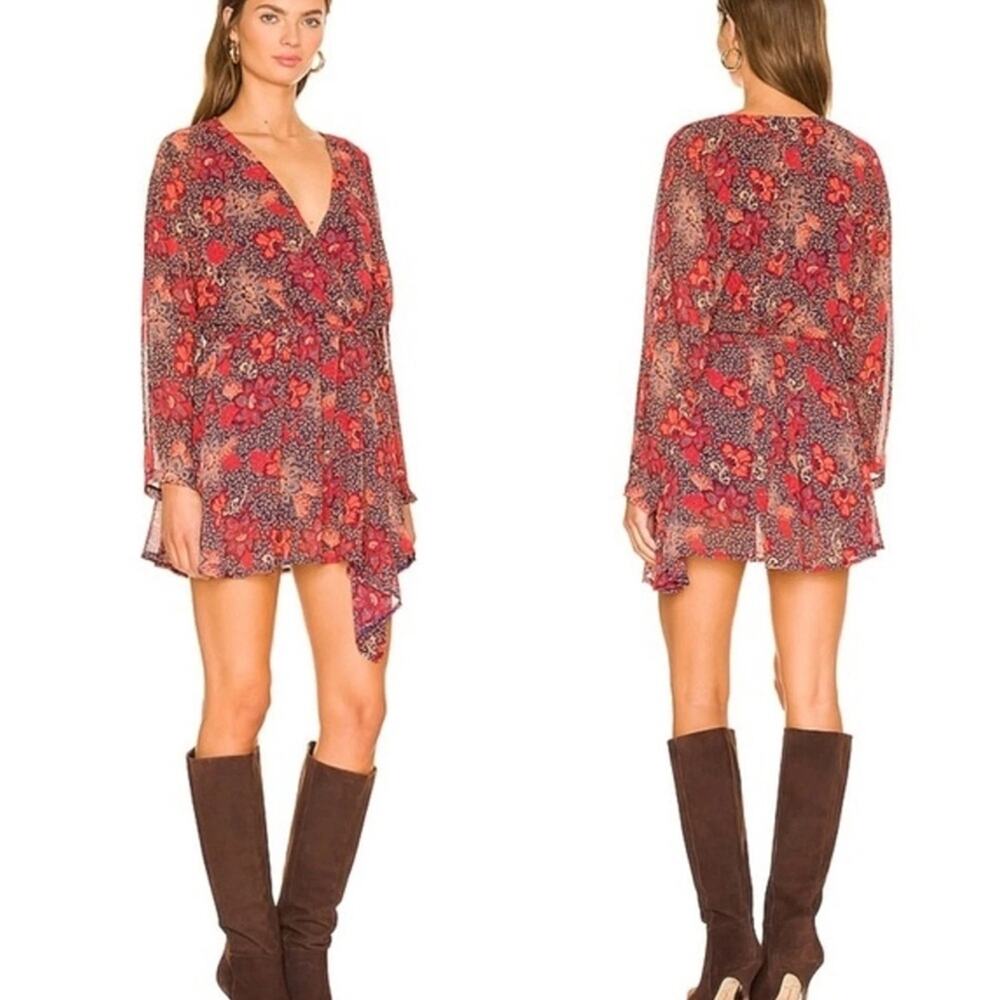 Red Floral V-Neck Long Sleeve Mini Dress